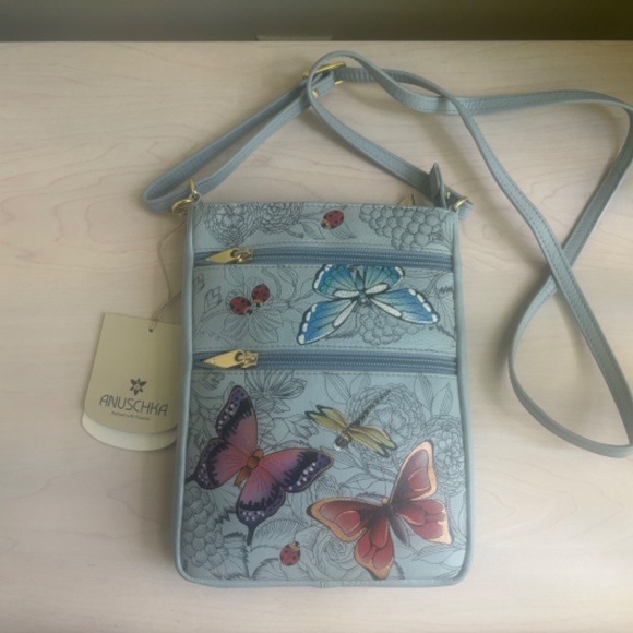 New Designer Anuschka Light Blue Floral Genuine Leather Shoulder Bag & Crossbody - Picture 8 of 11